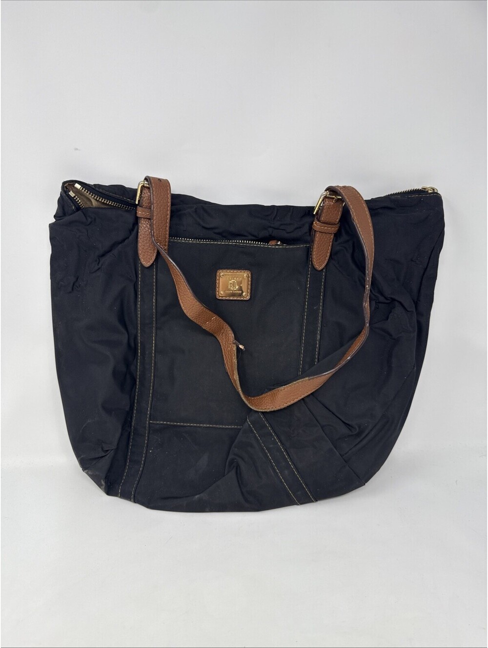 Ralph Lauren Tote Shoulder Bag Black Nylon Double leather Strap